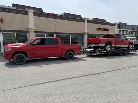 GetMyScrapCar | Red Pickup Truck on Trailer for Junk Car Removal